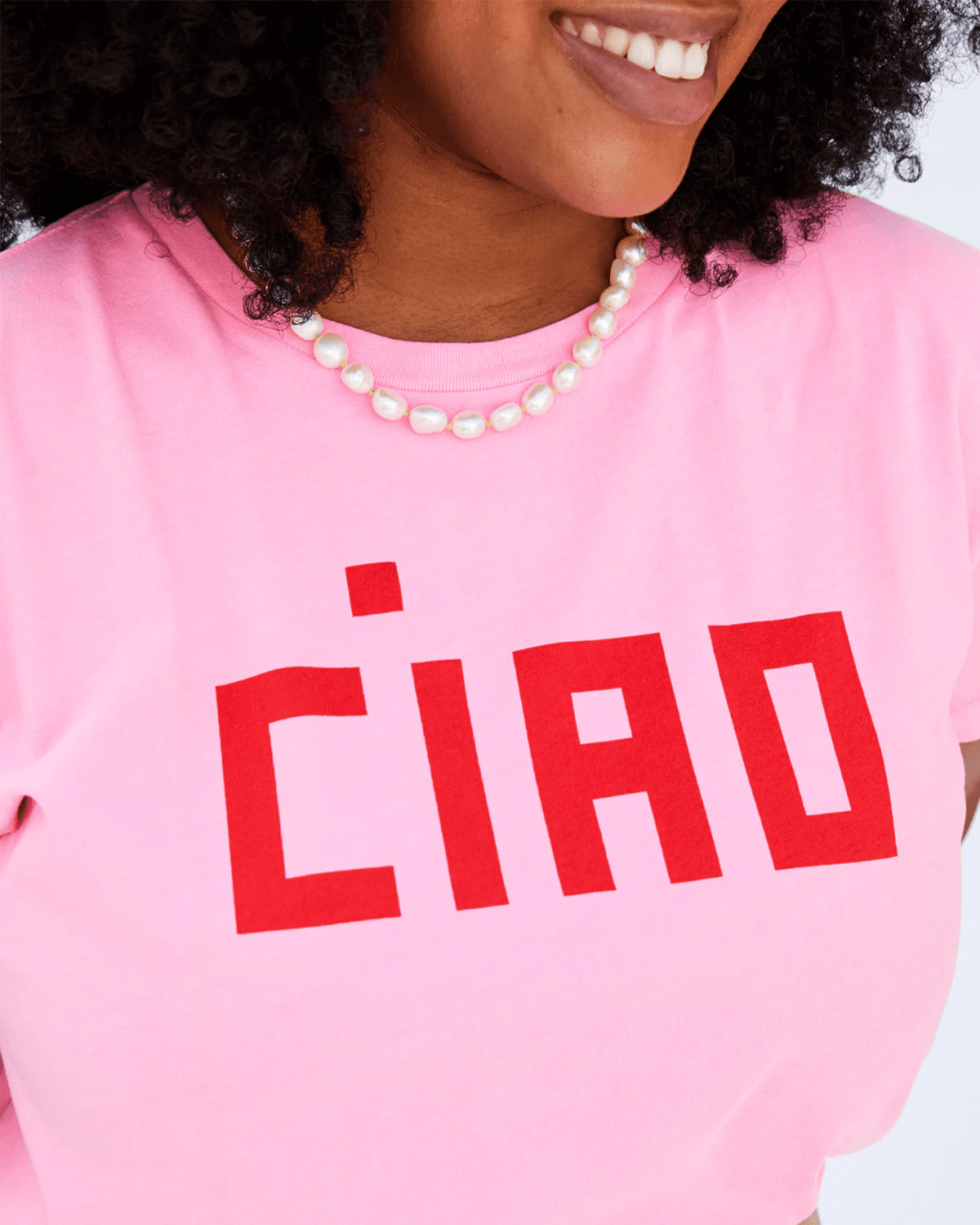 Clare V. Clothing Block Ciao Classic Tee in Neon Pink w/ Poppy