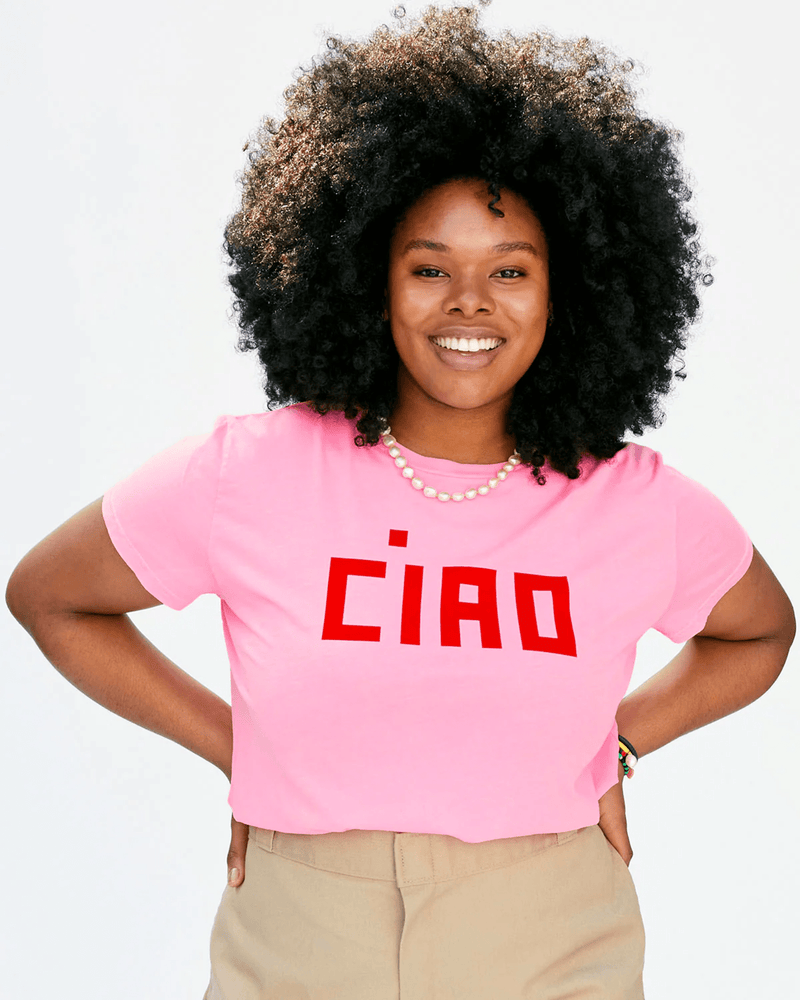 Clare V. Clothing Block Ciao Classic Tee in Neon Pink w/ Poppy