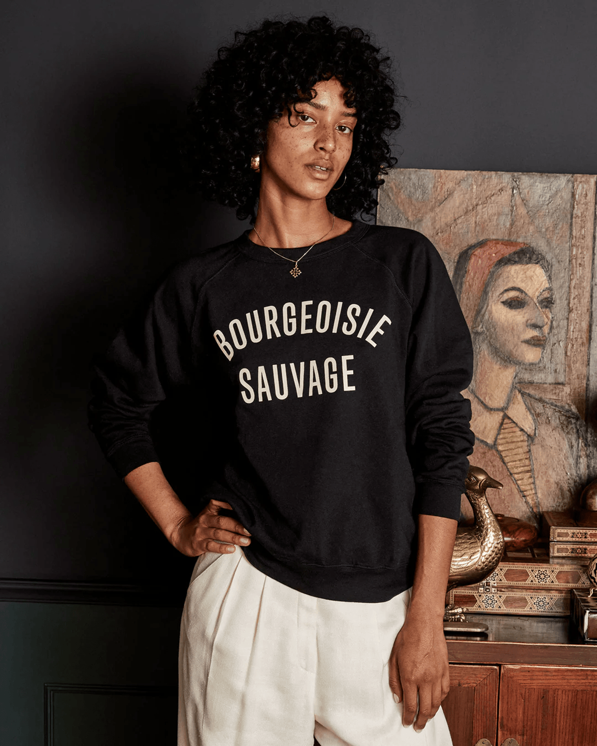 Clare V. Clothing Bourgeoisie Sauvage Sweatshirt in Black w/ Cream