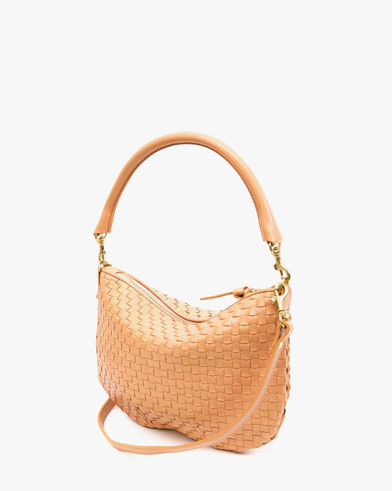 Clare V. Petit Moyen Messenger in Bisque Woven Checker 