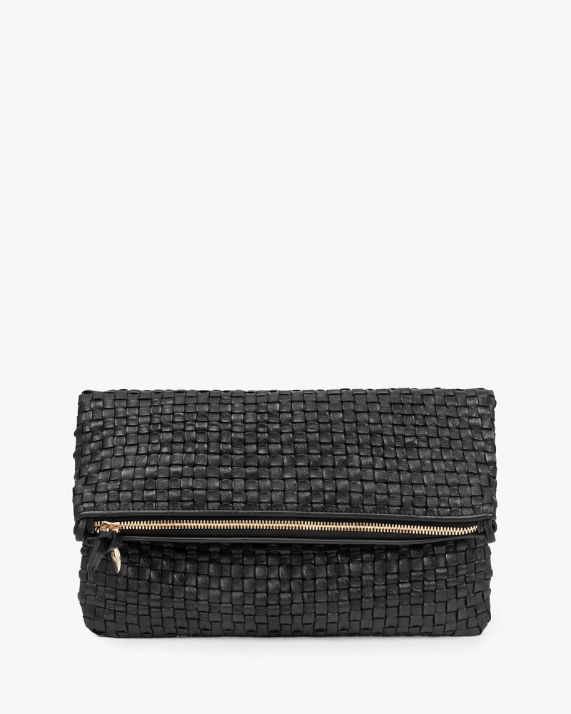 Clare V. Accessories Black Woven Checker Foldover Clutch w/ Tabs in Black