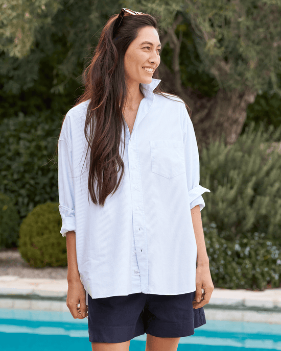 Frank & Eileen Clothing Shirley Oversized Button-Up Shirt in Light Blue Stripe