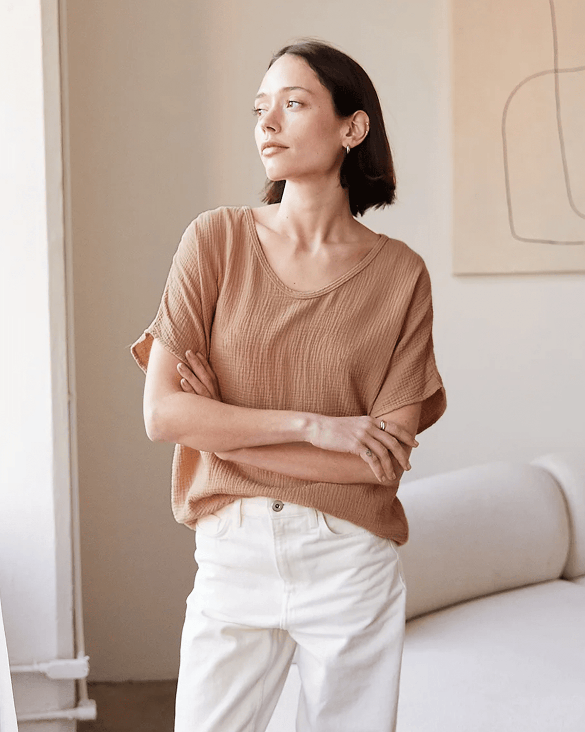 It is well LA Clothing Gauze S/S Top in Desert Tan