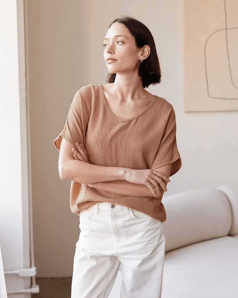 It is well LA Clothing Gauze S/S Top in Desert Tan