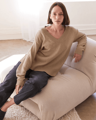 It is well LA Clothing V-Neck Boxy Sweater in Camel