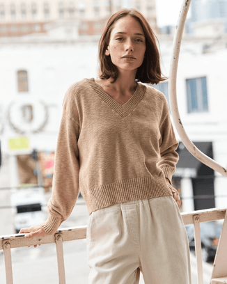 It is well LA Clothing V-Neck Crop Sweater in Camel