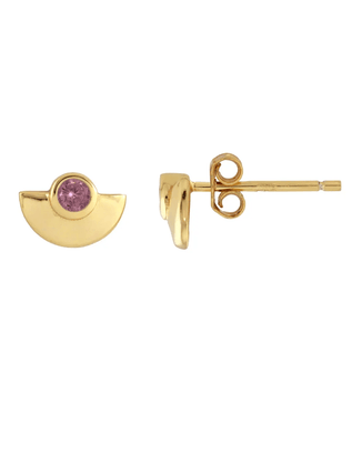 Kris Nations Jewelry 18K Gold Vermeil Half Moon Crystal 18K Gold Stud Earrings in Pink Rhodolite