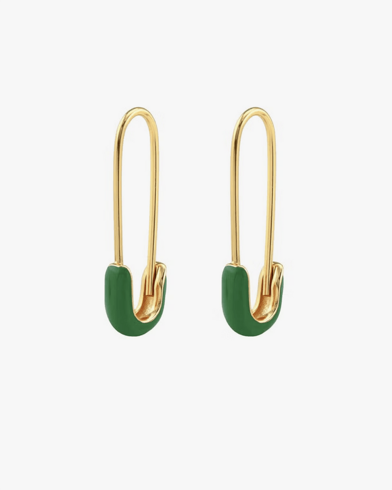 Kris Nations Jewelry 18K/Green Safety Pin Enamel Hoop Earrings in Green & 18K Gold Vermeil