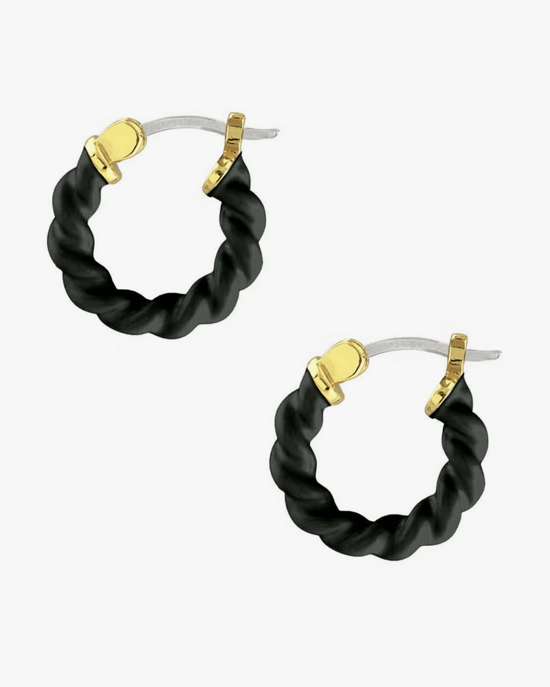 Kris Nations Jewelry 18K/Black Twisted Enamel Hoops in Black & 18K Gold Vermeil