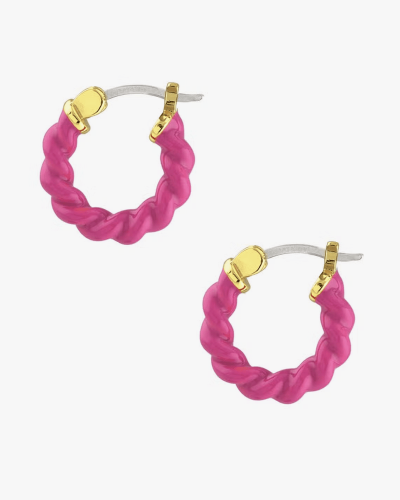Kris Nations Jewelry 18K/Magenta Twisted Enamel Hoops in Magenta & 18K Gold Vermeil