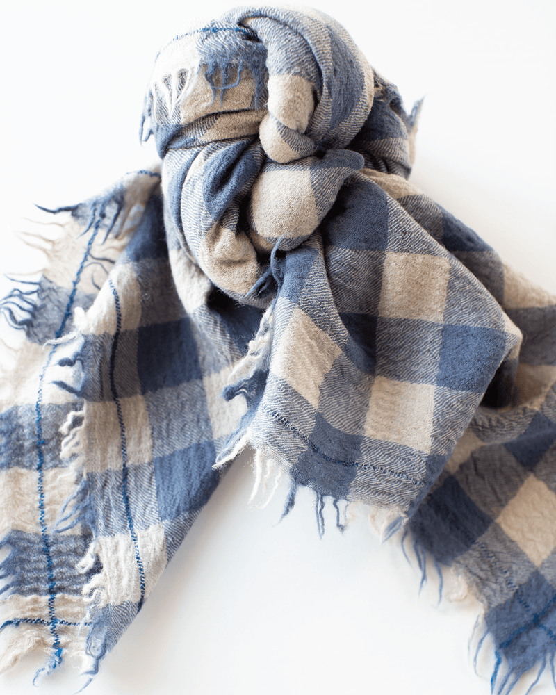 Mois Mont Accessories Dutch Blue Wool Check Scarf in Dutch Blue