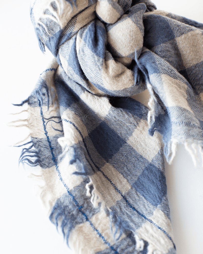Mois Mont Accessories Dutch Blue Wool Check Scarf in Dutch Blue