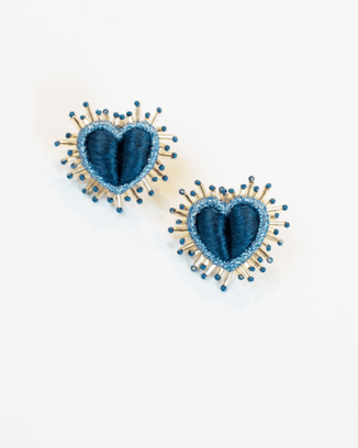 Olivia Dar Jewelry Blue Teal Sparkle Heart Silk Small Earrings in Blue Teal