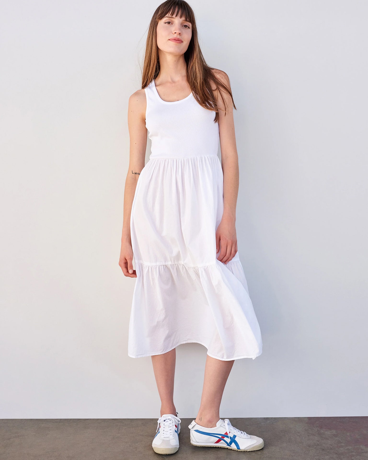 Mix Media Tiered Dress in White