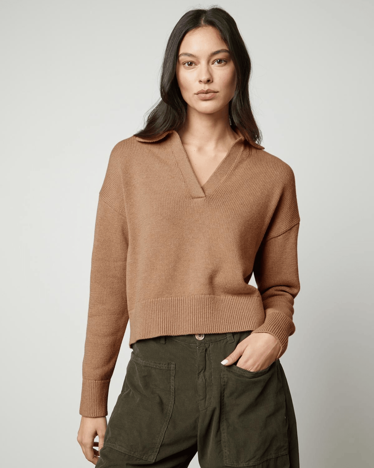 Velvet by Graham & Spencer Clothing Lucie Polo Sweater in Camel