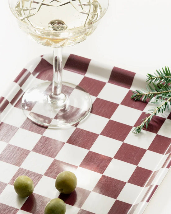 BLU KAT Checker 27x20cm Rectangular Serving Tray in Burgundy/Cream 