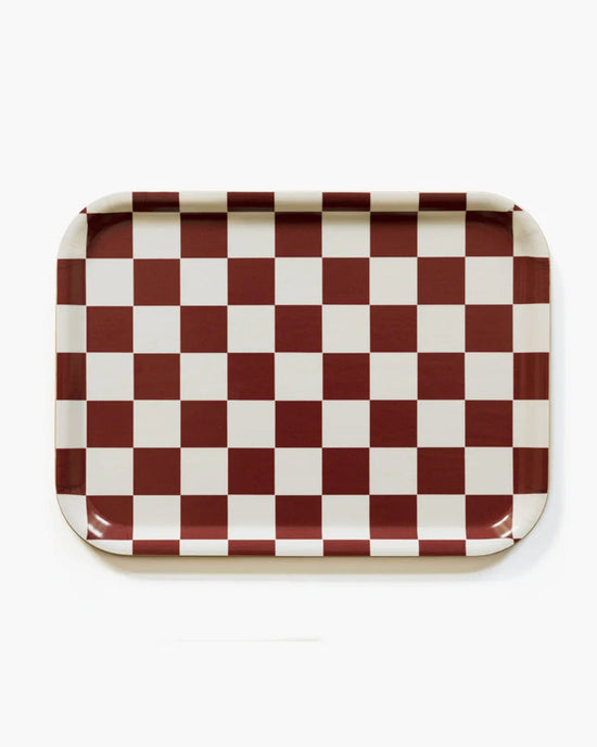BLU KAT Checker 27x20cm Rectangular Serving Tray in Burgundy/Cream 