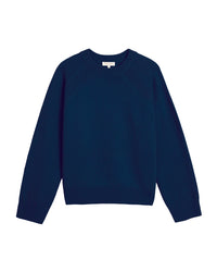 The Demylee Briella Merino Wool Sweater in Sapphire is a plain, long-sleeved crewneck with ribbed cuffs and hem and a relaxed fit, shown flat on a white background.