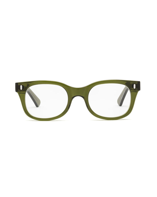 A pair of olive green rectangular CADDIS Bixby Reading Glasses in Heritage Green with clear lenses, isolated on a white background.