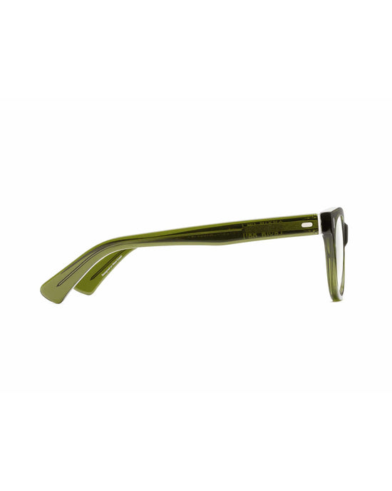 Side view of a Heritage Green, modern pair of Bixby Reading Glasses by CADDIS with a high-performance lens coating, isolated on a white background.