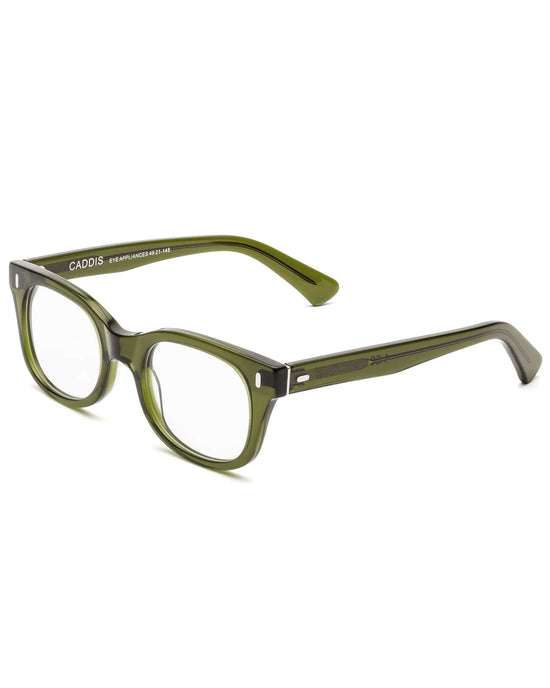 A pair of Bixby Reading Glasses in Heritage Green by CADDIS with high-performance lens coating and silver hinge accents.