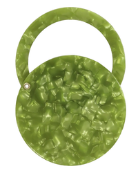Green, textured Machete Circle Mirror in Pistachio with a handle made from hypoallergenic stainless steel.