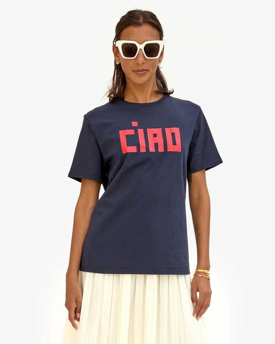 Clare V. Block Ciao Original Tee in Navy w/ Bright Poppy 