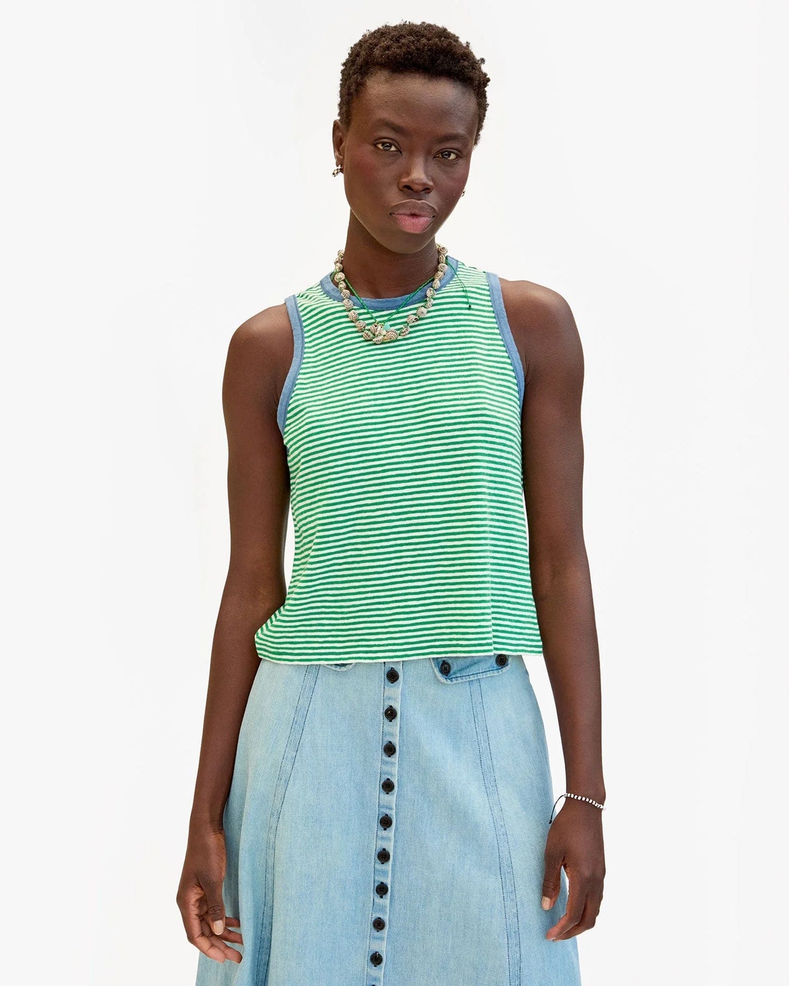 Camp Fit Tank in Green/Cream Cotton/Linen Mini Stripe
