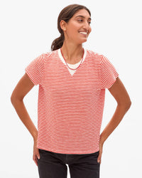 Clare V. Classic Cttn/Lnn Mini Stripe Tee in Bright Poppy/Cream 1 - Bliss Boutiques