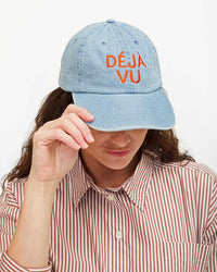 Clare V. Emb Deja Vu Denim Baseball Hat in Blue w/ Bright Poppy 