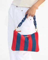Clare V. Flat Clutch w/ Tabs - Canvas Stripe in Poppy/French Blue 4 - Bliss Boutiques