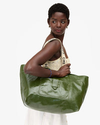 Clare V. Grande Bateau Tote - Crinkle Patent in Army 2 - Bliss Boutiques