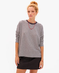 Clare V. Long Sleeve Cttn/Lnn Mini Stripe Tee in Black/Cream 1 - Bliss Boutiques