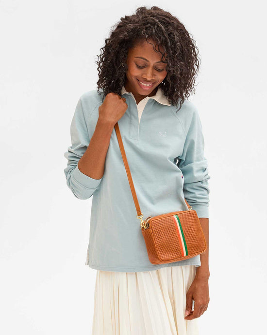 Clare V. Midi Sac in Cuoio Perf Veg w/ Poppy, Blus, & Emerald Inlay Stripes 