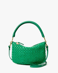 Clare V. Petit Moyen Messenger - Leather & Suede Woven Checker in Grass 1 - Bliss Boutiques