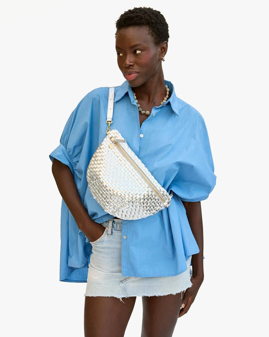 Clare V. Woven Checker Grande Fanny in Silver Specchio 