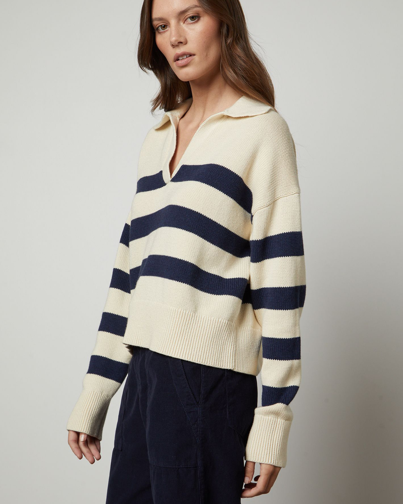 Lucie Polo Sweater in Cream/Navy