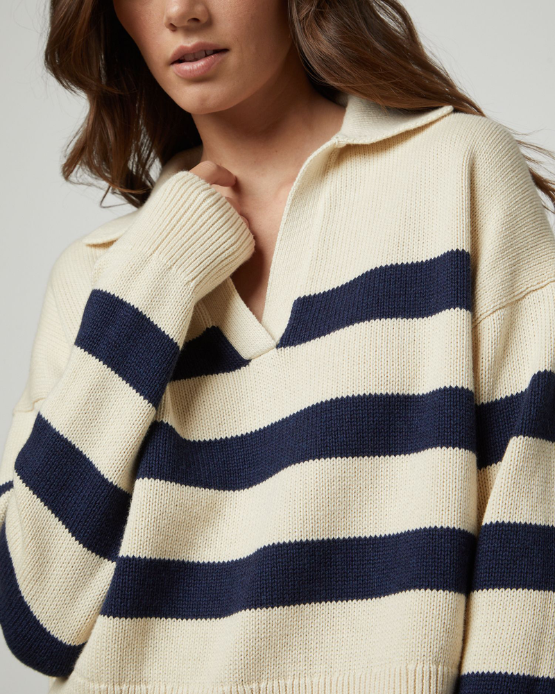 Lucie Polo Sweater in Cream/Navy