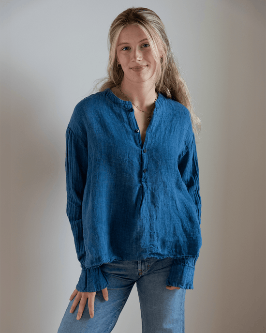 CP Shades Ariana No Collar Henley - Indigo Linen in Bleach 