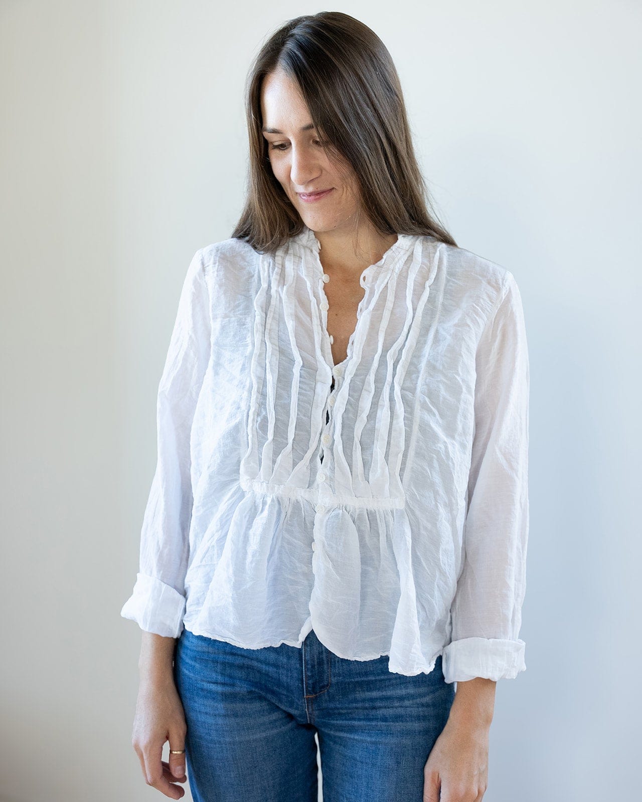 Claudine Tucked Shirt in White Cotton Silk