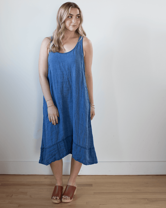 CP Shades Clothing Freida Indigo Linen Dress in Bleach