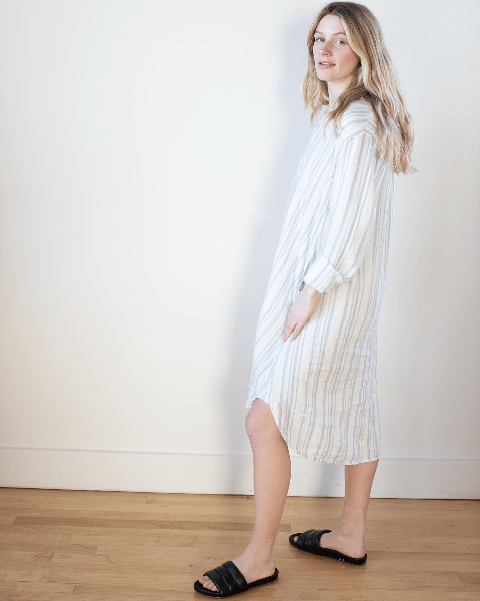 CP Shades Lara Dress in White/Blue Triple Stripe Linen