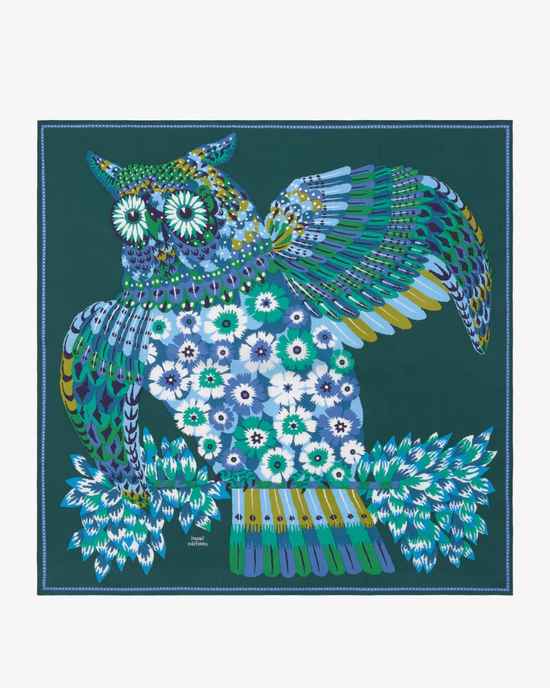 A colorful artistic illustration of an owl with intricate patterns on a Inoui Editions Square / Carre 65 Hulule in Emerald background.