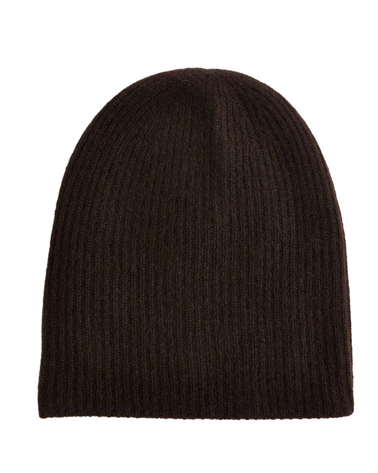 The White + Warren Cashmere Plush Rib Beanie in Dark Umber, featuring a ribbed texture, is shown against a white background.