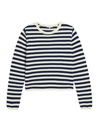 Demylee Melina Stripe Cotton Cashmere Sweater in OffWht/BalticBlue 2 - Bliss Boutiques