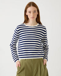 Demylee Melina Stripe Cotton Cashmere Sweater in OffWht/BalticBlue 1 - Bliss Boutiques