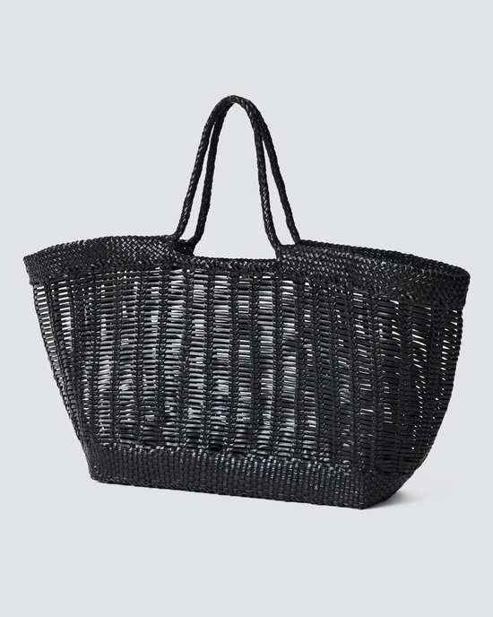 Window Shopper in Black hand-crafted woven leather tote bag by Dragon Diffusion against a neutral background.