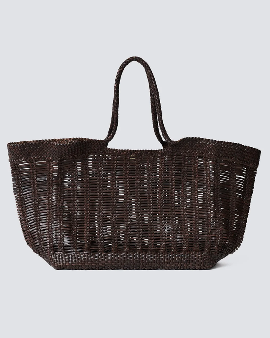Hand-crafted Window Shopper in Dark Brown tote basket on a neutral background by Dragon Diffusion.