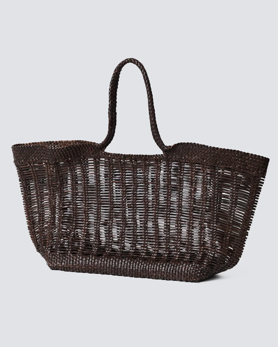 Hand-crafted Dark Brown leather Dragon Diffusion Window Shopper tote on a plain background.