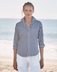 Frank & Eileen Barry Tailored Button Up Shirt in Navy White Stripe 1 - Bliss Boutiques